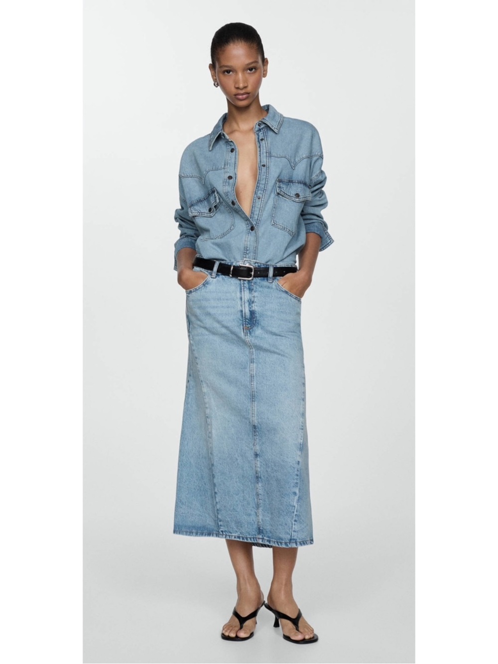 Mango MNG Slit Denim Skirt in Medium Blue - Size Small